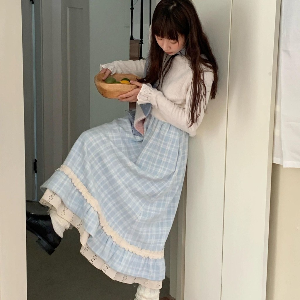 [Crunchy Brulee]Rok kotak-kotak wol biru retro Perancis untuk wanita, rok A-line panjang menengah pe