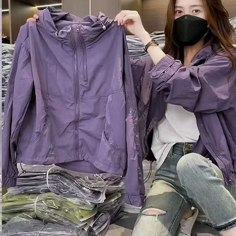 Jaket Pelindung Matahari Ungu Wanita Baru yang Bergaya, Jaket Angin Luar Ruangan