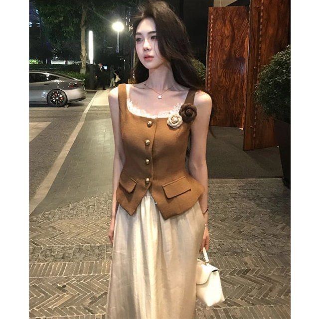 Rompi temperamen Korea bagian atas rok setengah badan / set dua potong