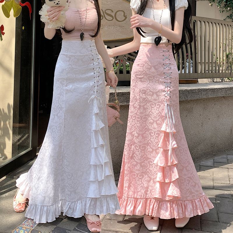 Long Skirt Punk Mermaid Tie Waist Slimming Floral Print Midi Skirt