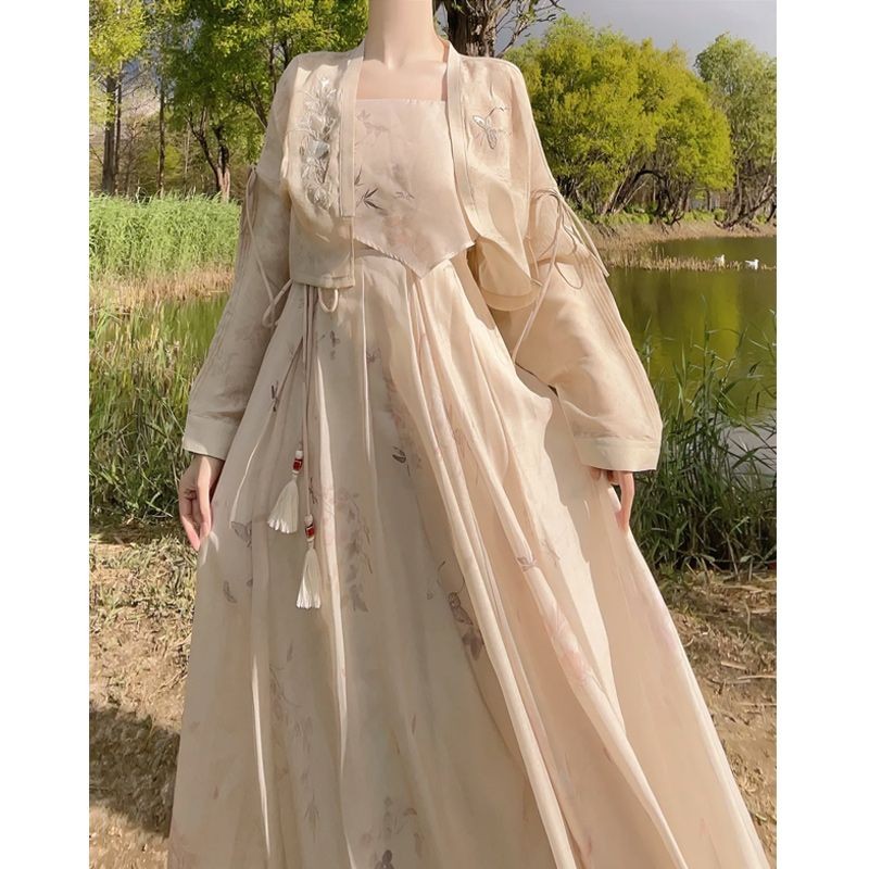 Jaket Kardigan Perancis Gaya Cina Wanita+Setelan Baju Bertali