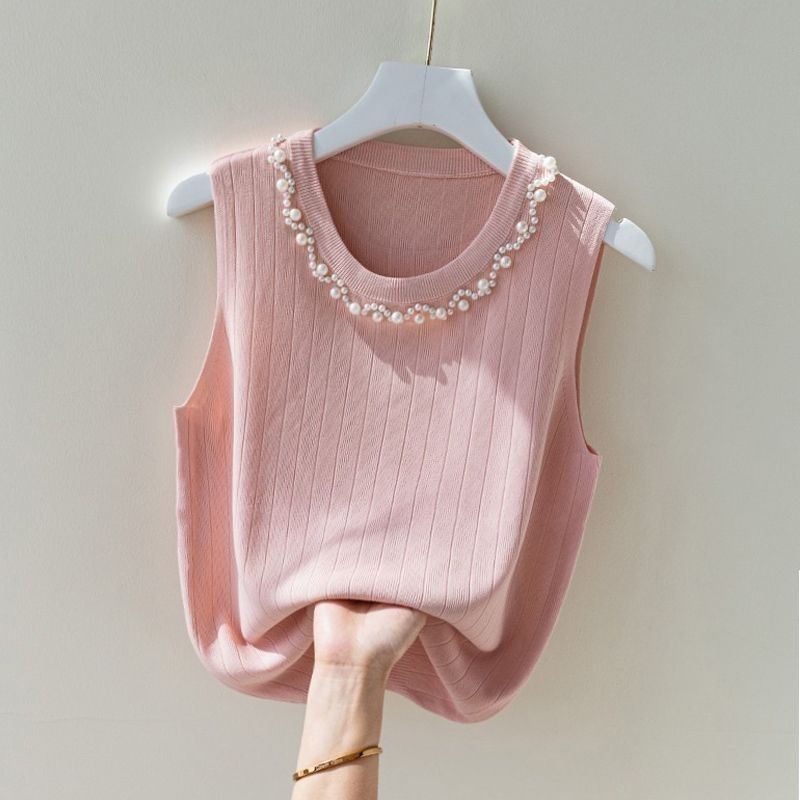 Kamisol Rajutan Tanpa Lengan, Baju Dalaman Sutra Es dengan Manik-manik untuk Dalaman