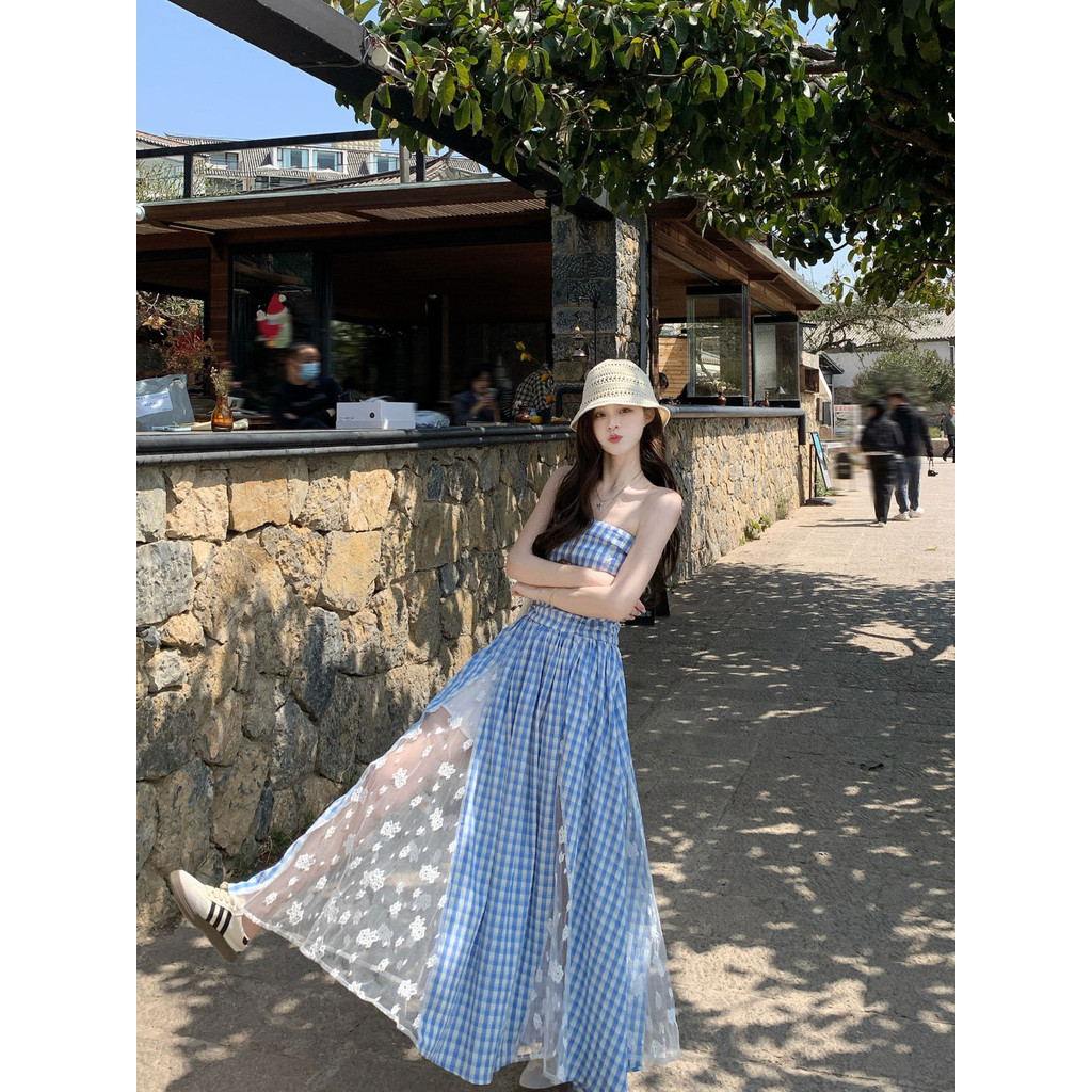 SENYOUMAI Desain Gaun Suspender Kotak-Kotak Renda Rok Panjang A-Line Ramping Untuk Wanita