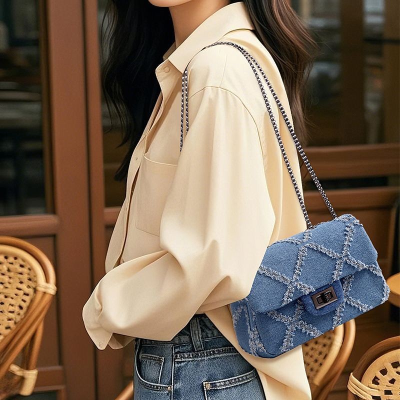 [COD]Tas selempang bahu rantai persegi kecil gaya Chanel kecil denim ringan mewah untuk wanita