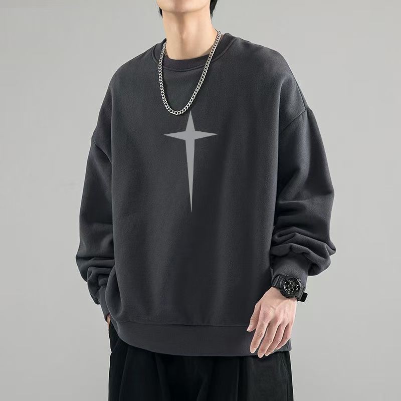 Sweatshirt Pria Leher Bulat Campuran Katun Berkualitas Tinggi Jaket Santai Pullover Longgar