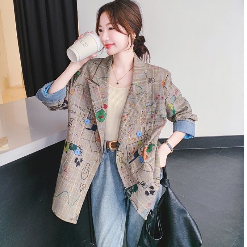 Blazer Wanita Longgar Motif Kotak-Kotak Cetak Lengan Panjang Vintage