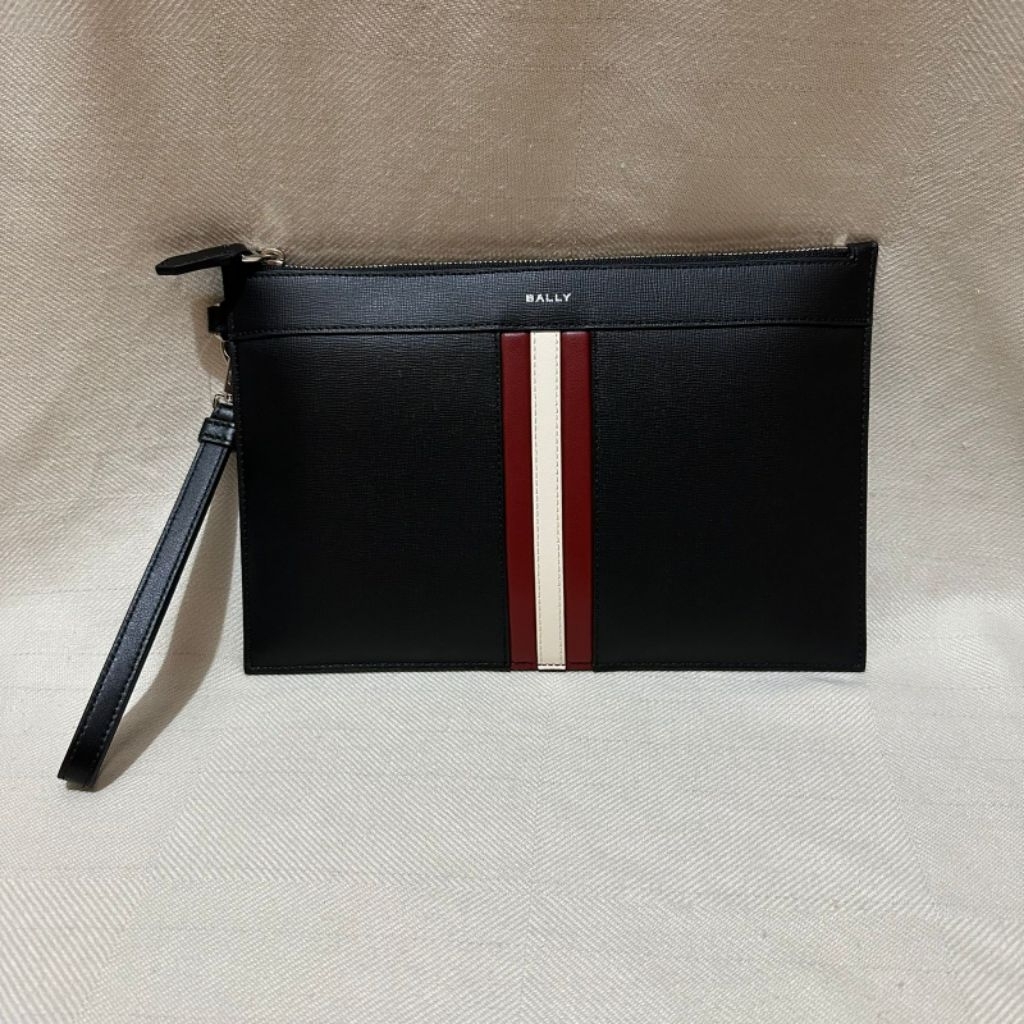 Bally Mythos Zip Envelope Clutch Recycled Leather Black Red Original Authentic 100% - Tas Pria