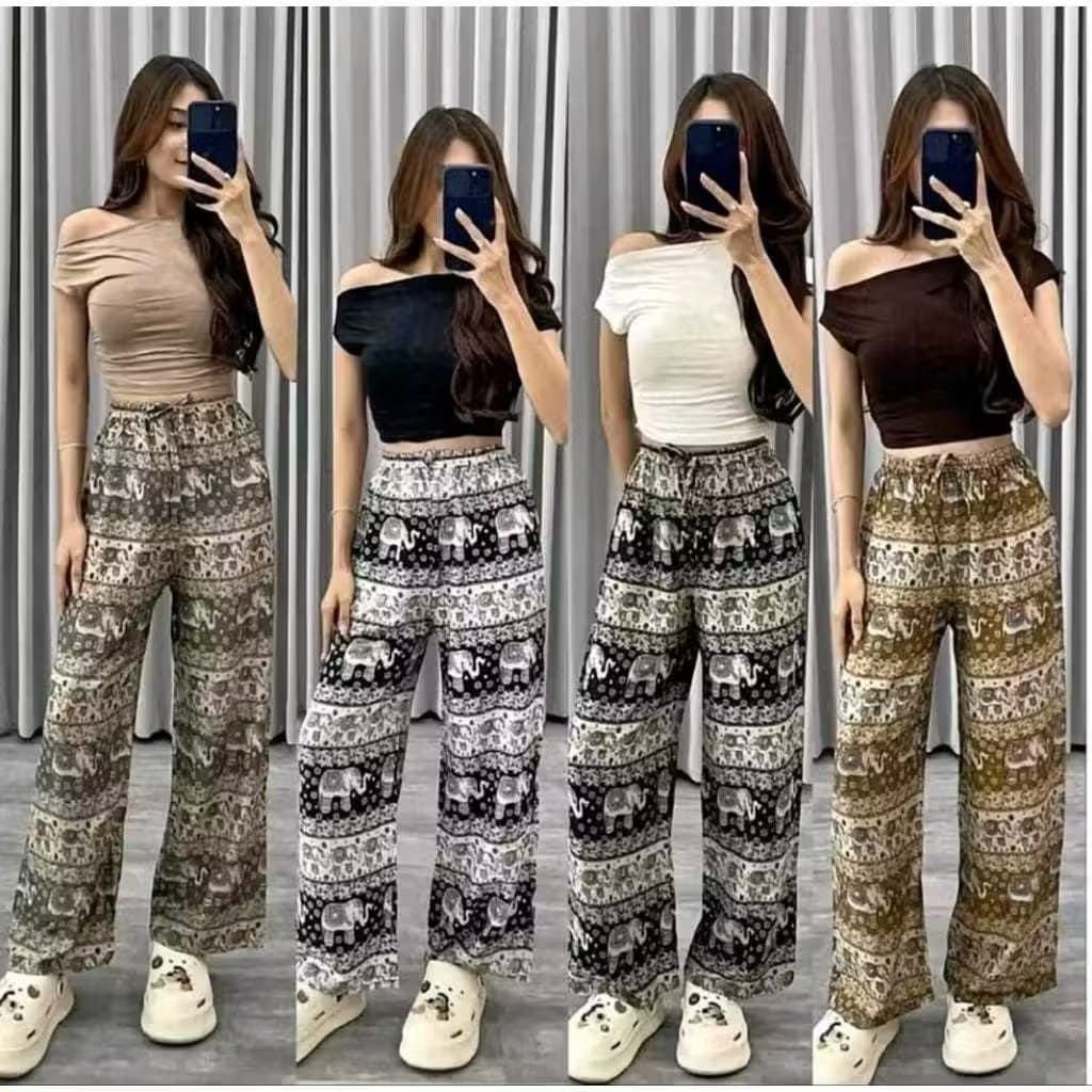 Celana Kulot Wanita Jumbo Rayon Motif Gajah Part 2 Kain Bali Nyaman Panjang - Gjh etnik hitam, Kulot