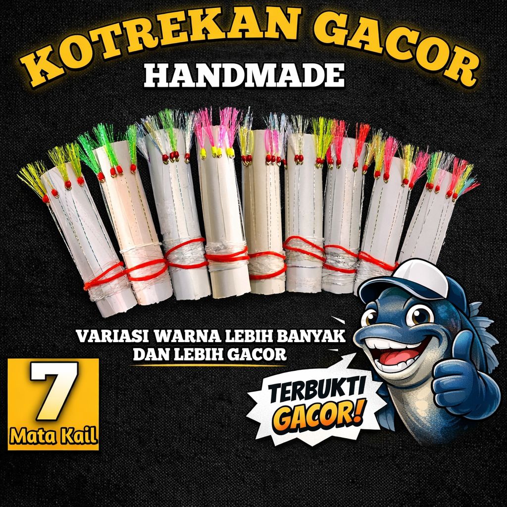 Kotrekan Gacor Sabiki 7 Mata Kail Fluorocarbon Handmade Rangkaian Umpan Kotrek Bulu Renta Rintak Lau