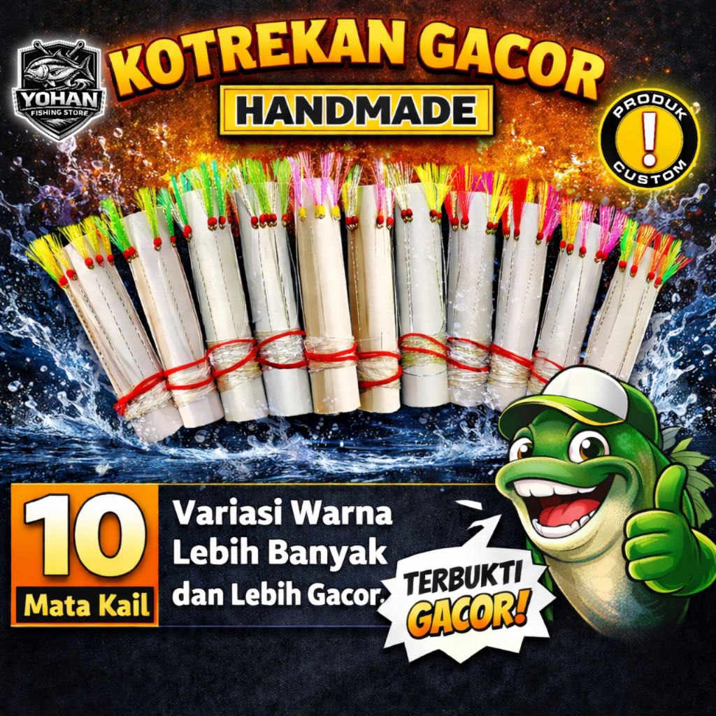 Kotrekan Gacor Sabiki 10 Mata Kail Bulu Kombinasi Sutra Mutiara Flasher Handmade Rangkaian Umpan Kot