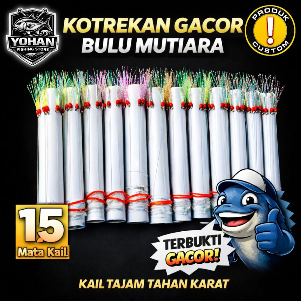 Kotrekan GACOR Sabiki 15 Mata Kail Bulu Mutiara Fluorocarbon Handmade Umpan Bulu GACOR Renta Rintak 