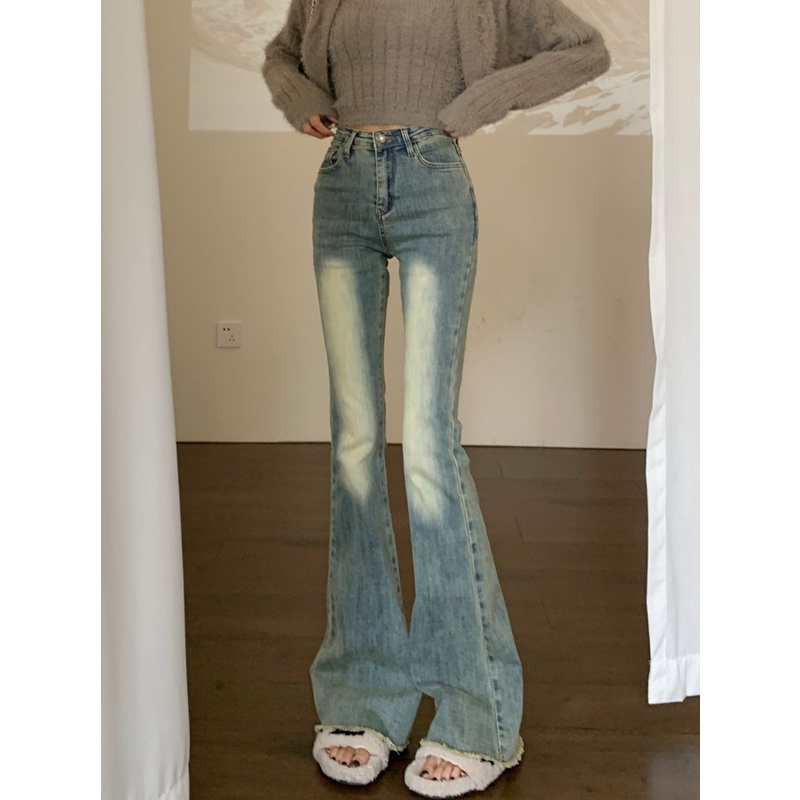 Red Tepi mentah sedikit berkobar jeans wanita baru biru retro mengepel celana pinggang tinggi slim fit lebar kaki celana melebar