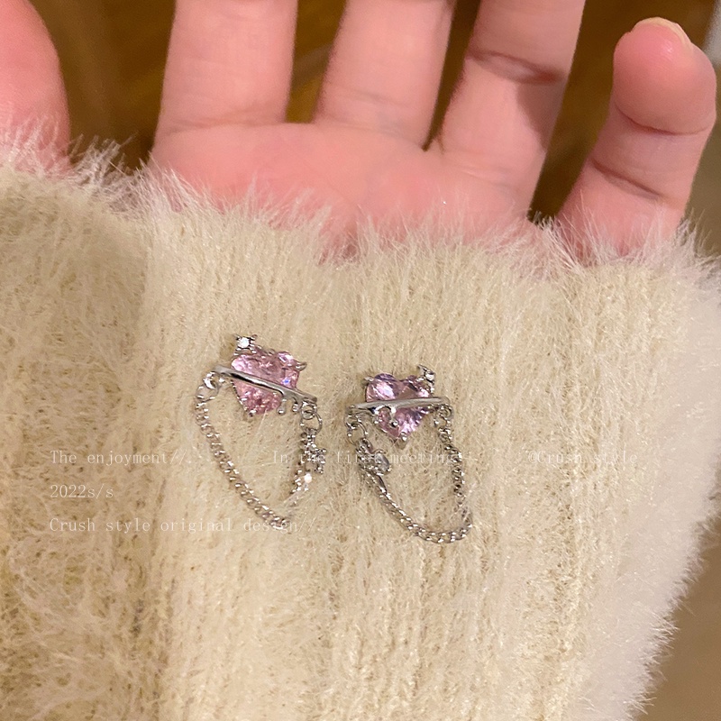 Sweet Pink Zircon Heart Earrings for Women Cool Fringed Silver Earring Accessories Jewelry