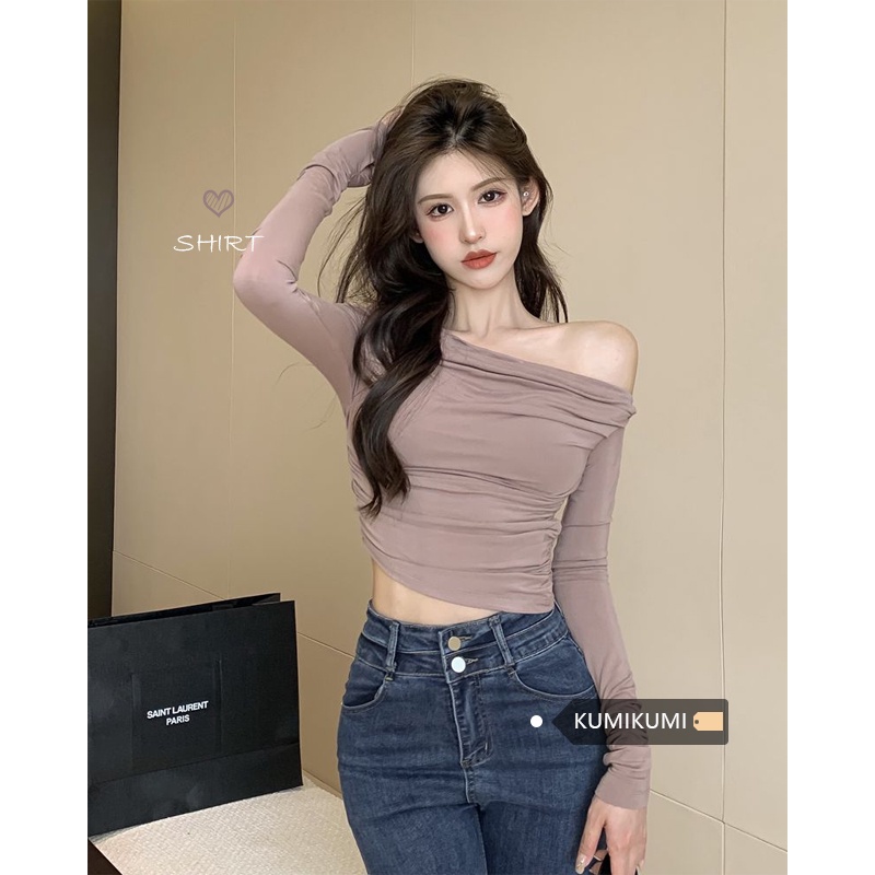 Red One-Shoulder Hot Girl Keinginan Murni Gaya Wanita Musim Semi Pendek Slim Lengan Panjang T-shirt Tanpa Tali Hitam Bottoming Shirt top