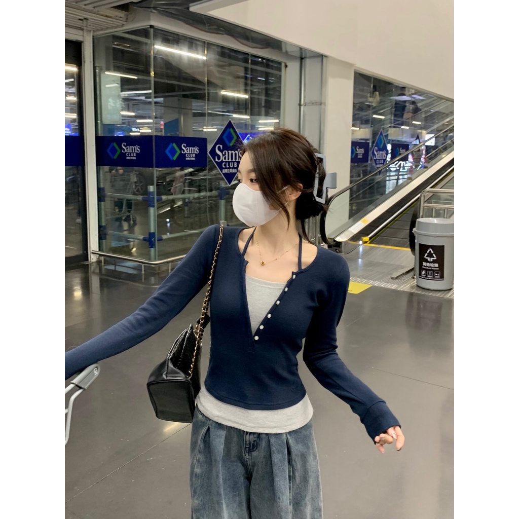 Red Jahitan gaya pendek baru slim fit palsu dua potong kaos wanita lengan panjang 2023 musim semi bottoming kemeja dengan top in