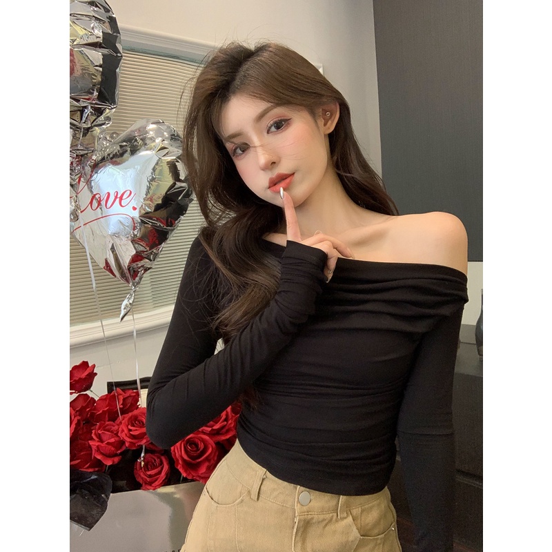 Red One-Shoulder Hot Girl Keinginan Murni Gaya Wanita Musim Semi Pendek Slim Lengan Panjang T-shirt Tanpa Tali Hitam Bottoming Shirt top