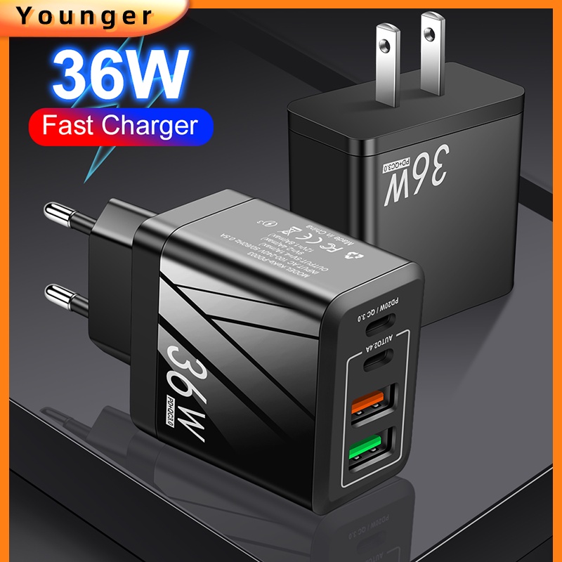 36w Fast Charger QC3.0+PD Charging Adapter Luminous 20W USB Fast Charging Handphone Travel Charger Untuk i-phone Tipe C Android