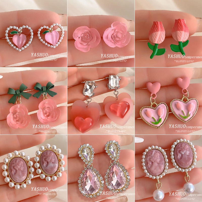 Anting Pejantan Hati Pink Musim Panas Ladies2023Anting Mutiara Vintage Baru