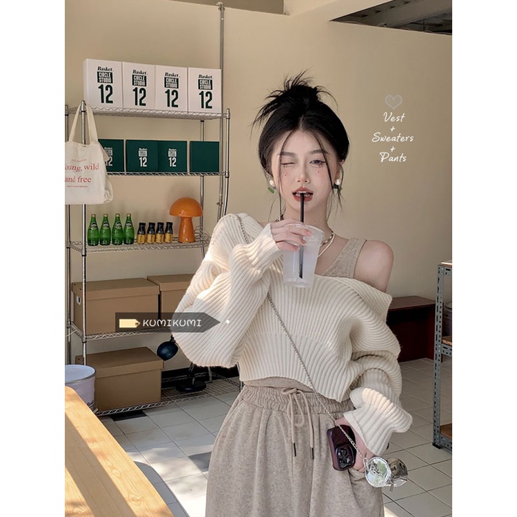 Red Jas gaya malas wanita desain musim semi rasa sweater pendek dengan rompi celana lebar kaki celana wangi kecil setelan tiga potong