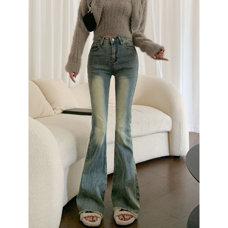 Red Tepi mentah sedikit berkobar jeans wanita baru biru retro mengepel celana pinggang tinggi slim fit lebar kaki celana melebar