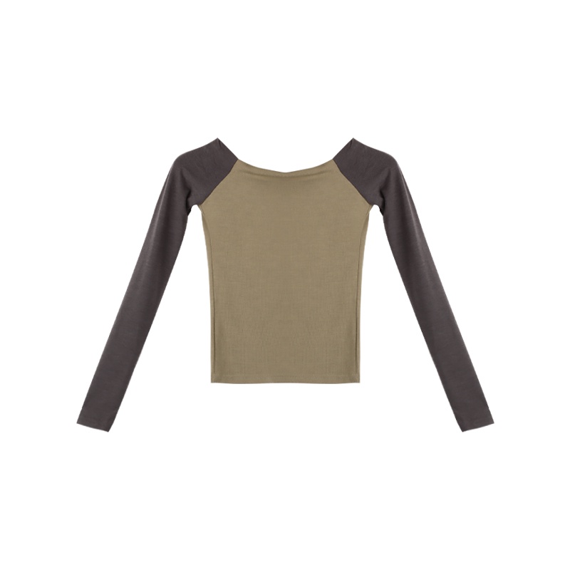 Red French babes pure desire style wanita musim semi bagian pendek slim one-shoulder lengan panjang t-shirt off-the-shoulder bottoming shirt top