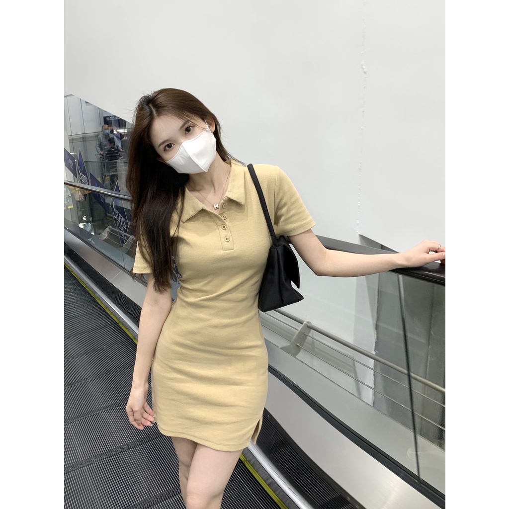 Red Xiaoxiangfeng Polo collar dress wanita musim panas seksi pinggang pelangsing paket pinggul desain rok pendek rasa ceruk