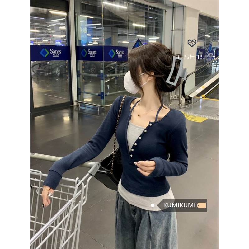 Red Jahitan gaya pendek baru slim fit palsu dua potong kaos wanita lengan panjang 2023 musim semi bottoming kemeja dengan top in