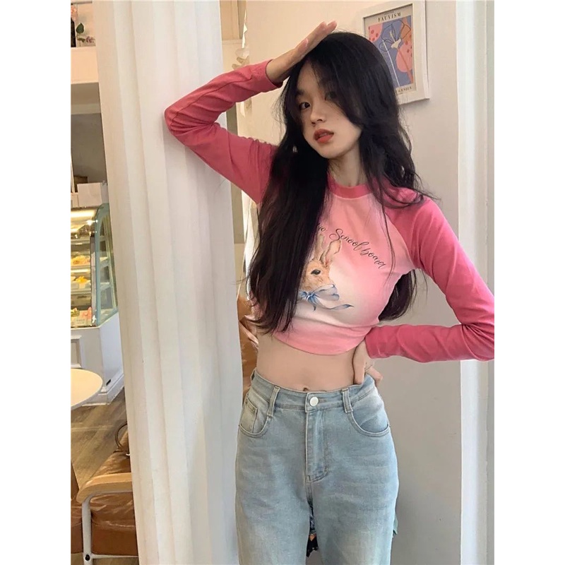 Red American Retro Kelinci Cetak Leher Bulat Lengan Panjang T-shirt Musim Gugur Bagian Pendek Slim Slim Belly Button Top Wanita