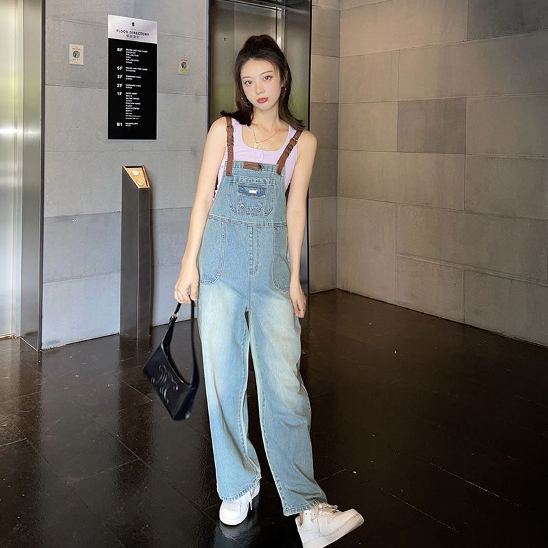 Overall Denim Wanita Jumpsuit Kaki Lebar Lurus Longgar