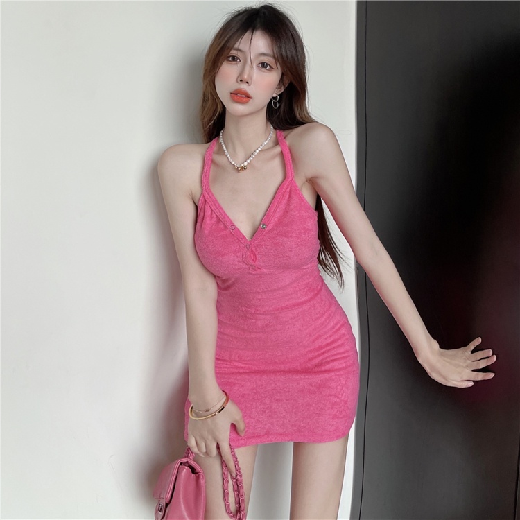 Red V-neck slim sexy suspender dress wanita musim panas gaya manis dan pedas pink bag hip skirt net red fried street bottoming skirt