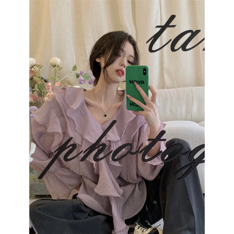 Red Angin lembut leher V lengan panjang kemeja sifon wanita musim semi Perancis chic ceruk longgar bagian tipis mengacak-acak bottoming top