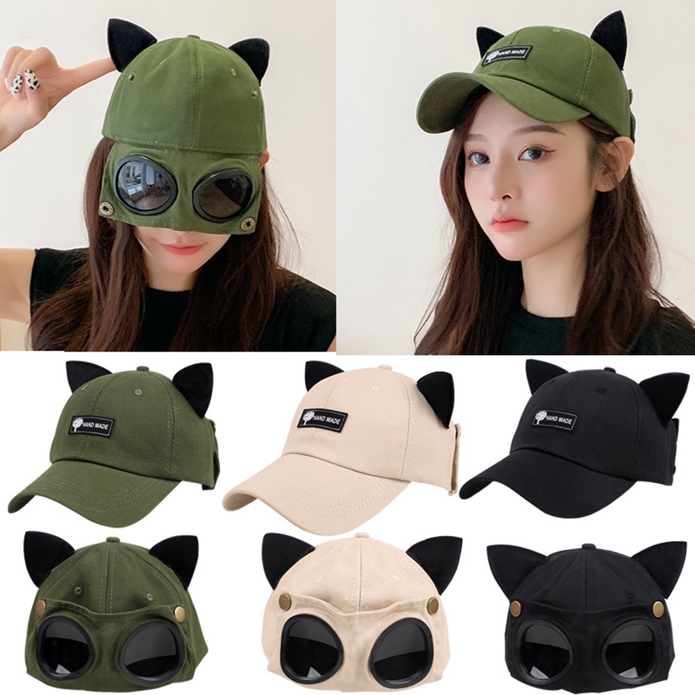 [COD Tangding] Kepribadian Dua Sisi Pilot Telinga Kucing Kacamata Hitam Topi Lucu Pria Wanita Hip-hop Topi Baseball