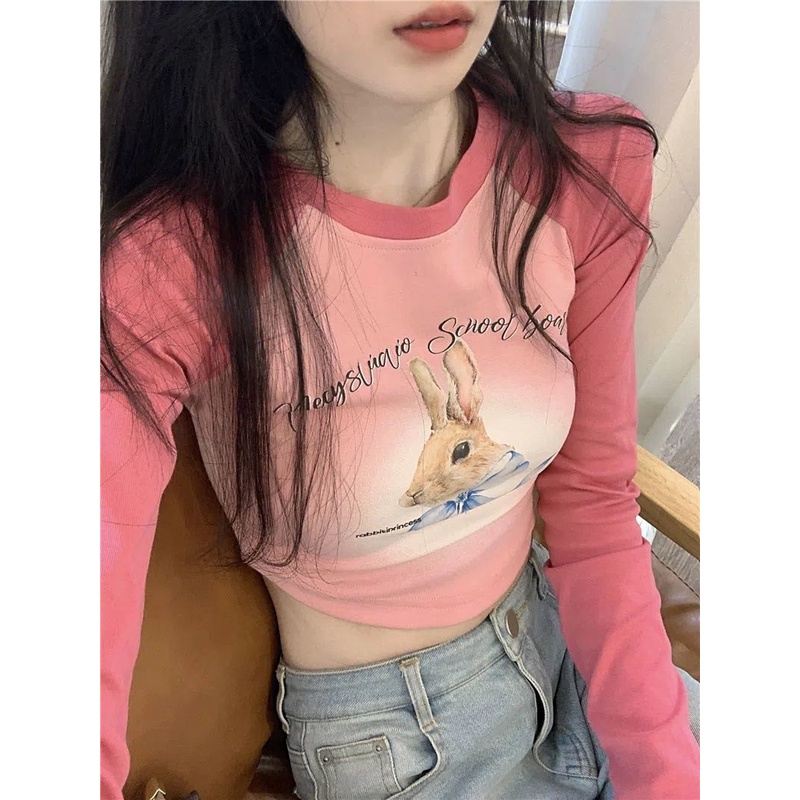 Red American Retro Kelinci Cetak Leher Bulat Lengan Panjang T-shirt Musim Gugur Bagian Pendek Slim Slim Belly Button Top Wanita