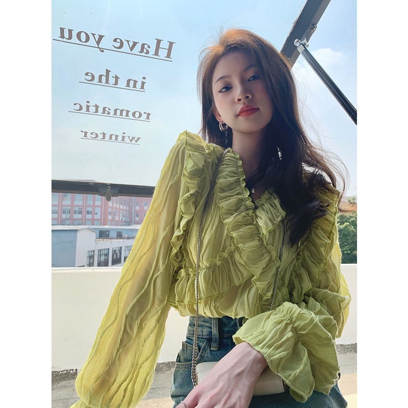 Red Kemeja hijau angin lembut Prancis mengacak-acak lengan panjang atas desain musim gugur rasa ceruk chic dalam kemeja wanita