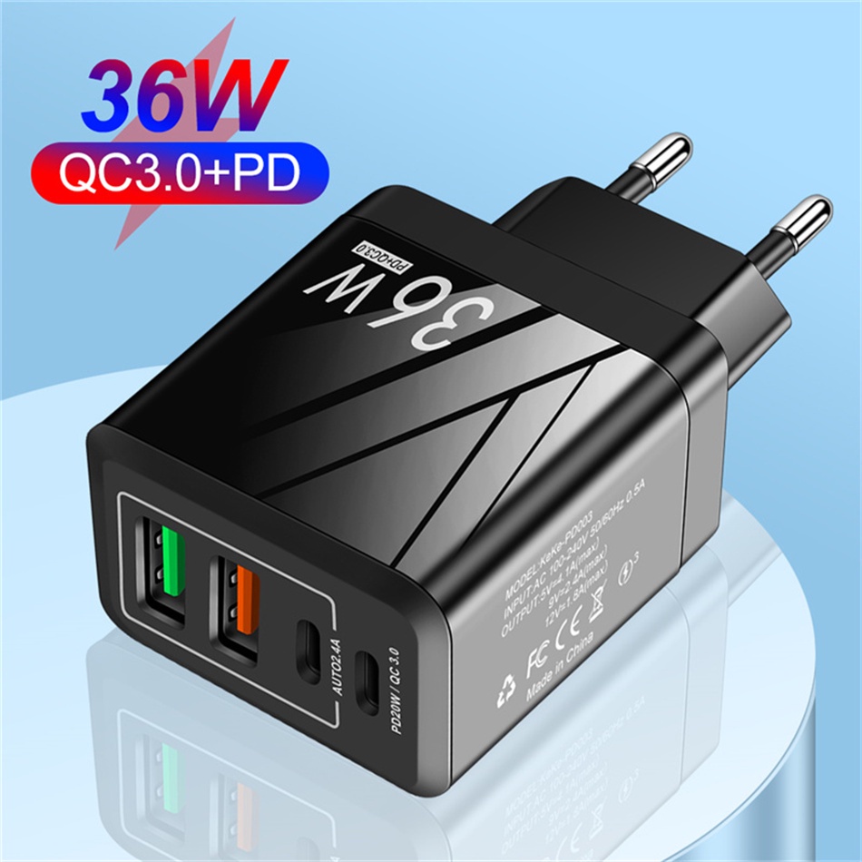 36w Fast Charger QC3.0+PD Charging Adapter Luminous 20W USB Fast Charging Handphone Travel Charger Untuk i-phone Tipe C Android