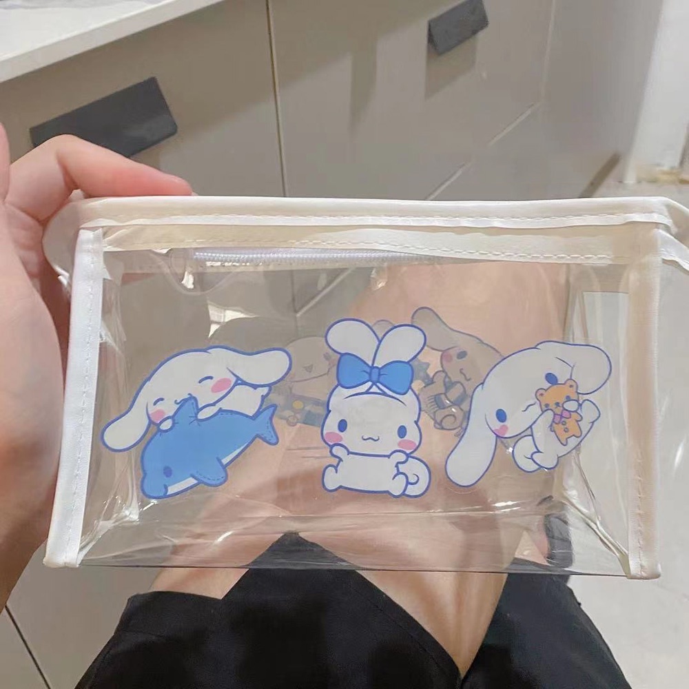 Tas Pensil Alat Tulis Bahan PVC Transparan Untuk Pelajar Kotak Pensil Kapasitas Besar Dengan Stiker Sanrio