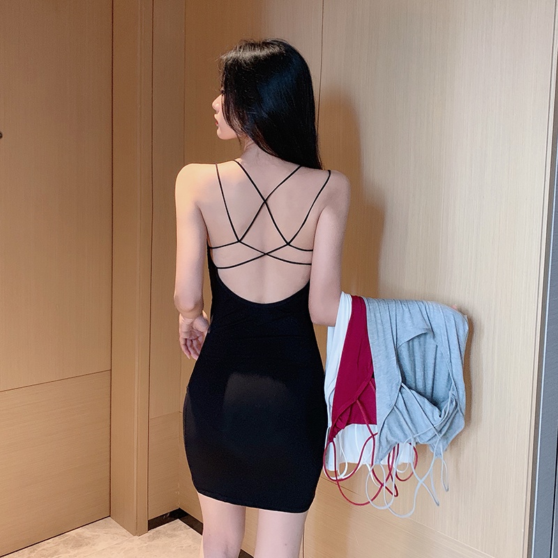 Red Gaun Wanita 2023 Musim Panas Baru Celah Berongga Terbuka Besar Kembali Seksi Suspender Rok Slim Tas Hip Bottoming Rok Trendi