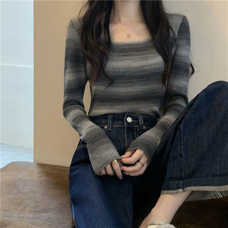 Red Awal Musim Gugur 2022 Gaya Korea Baru Slim Kerah Persegi Slim Bergaris Kemeja Wanita Lengan Panjang Rajutan Sweater chic Top