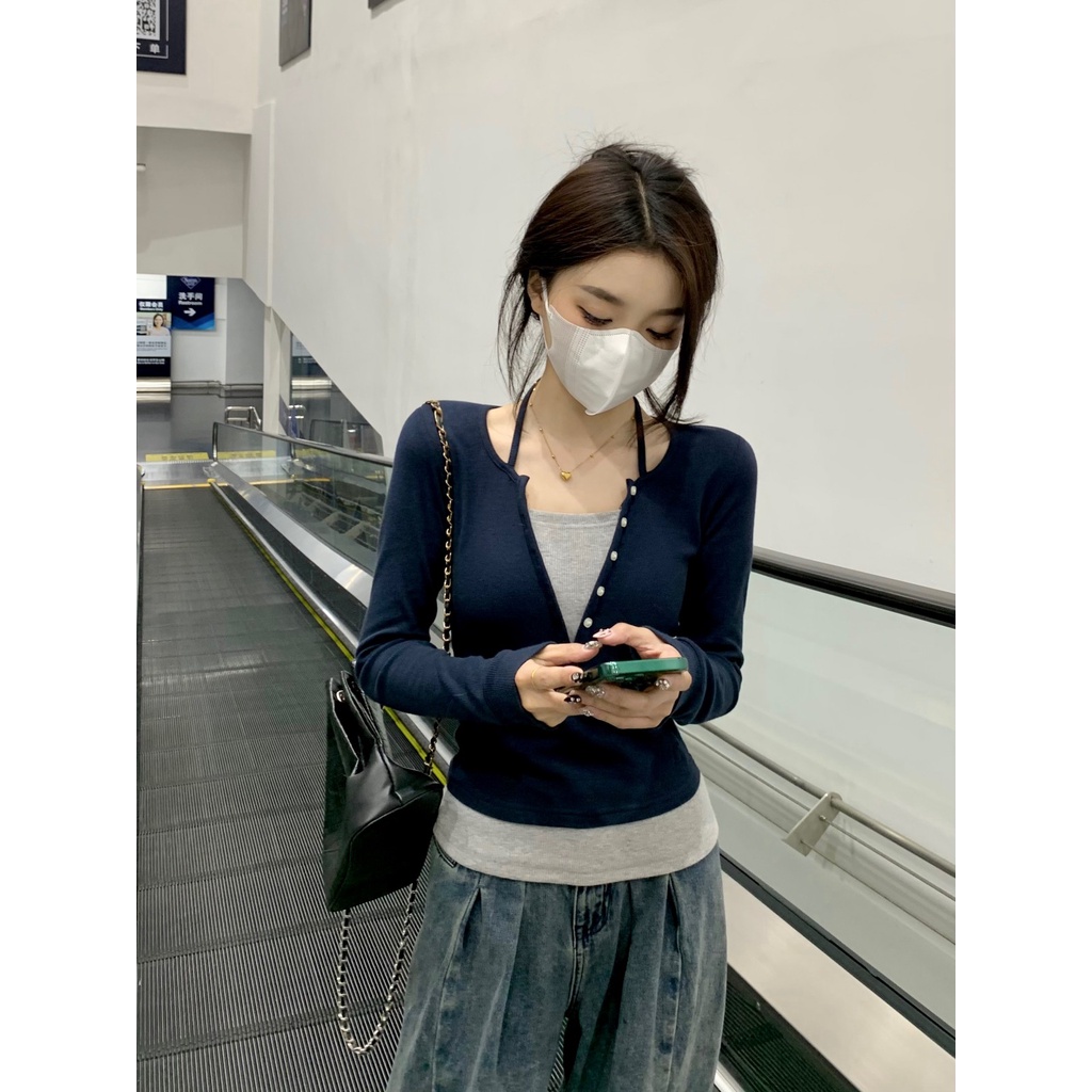 Red Jahitan gaya pendek baru slim fit palsu dua potong kaos wanita lengan panjang 2023 musim semi bottoming kemeja dengan top in