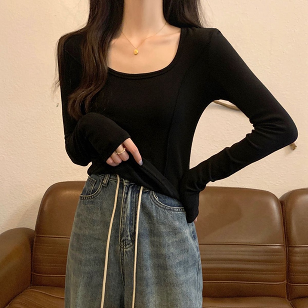 Red Dua Sisi Disikat Lembut Lilin Beludru Kemeja Wanita Musim Gugur dan Musim Dingin Dalam Kerah Persegi Tulang Ikan Tepi Busur lengan Panjang T-shirt Hangat Top