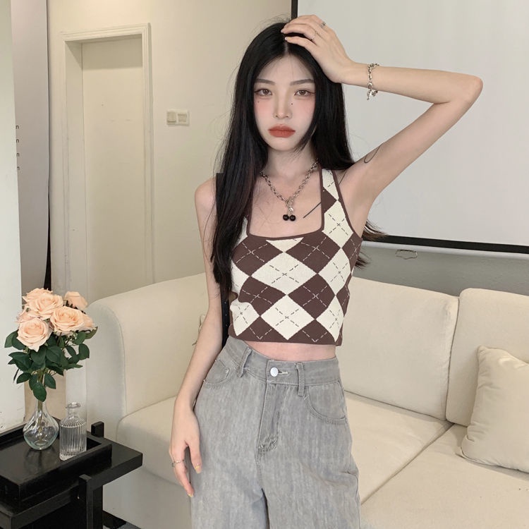 Red Musim panas baru manis keren hot girl style V-neck strap short top + plaid hanging neck vest slim fit and thin suit female