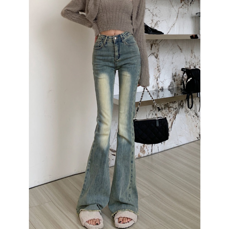 Red Tepi mentah sedikit berkobar jeans wanita baru biru retro mengepel celana pinggang tinggi slim fit lebar kaki celana melebar