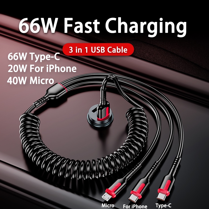 3in1 66W 5A Kabel Pengisian Cepat 3A Tipe C USB Micro Spring Charging line 1.8M Spring Retractable USB Car Charging Cables