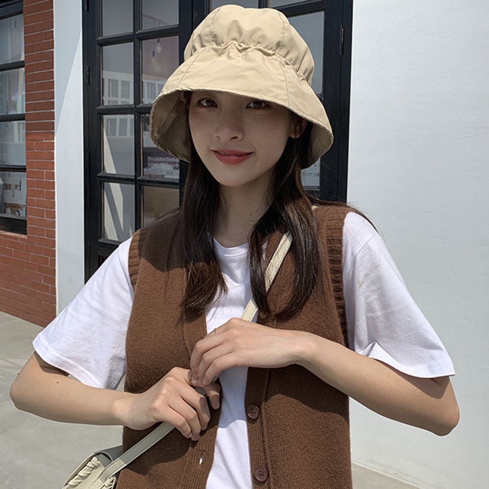 Korea Sederhana Tahan Air Topi Nelayan Serut Wanita Perempuan Pelindung Matahari Traveling Outdoor Bucket Cap