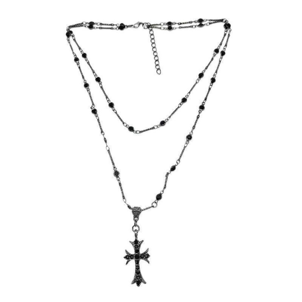 Punk Dark Cross Bead Double Layer Necklace Women's Long Necklace Necklace Jewelry Gift for Girlfriend Dark Black Zircon Cross Beaded Necklace Women's Summer Long Double-layer Lapto