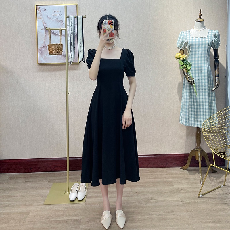 EUNII Versi Maxi Gaun hitam Minimalis Lengan Pendek Untuk Wanita Korean Style