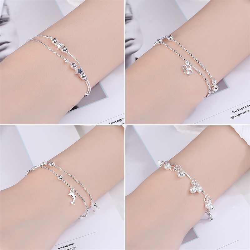 S925 Perak Korea fashion Bintang Ganda Wanita Gelang clover Beruntung Gelang Kaki Hadiah Perhiasan