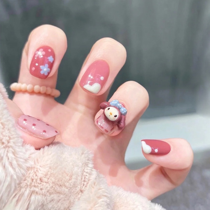 24pcs/set Kuku Palsu DIY Kuku Palsu Pendek Lucu Kartun Gadis Kecil Nail Art Tips Dengan Jelly Gel