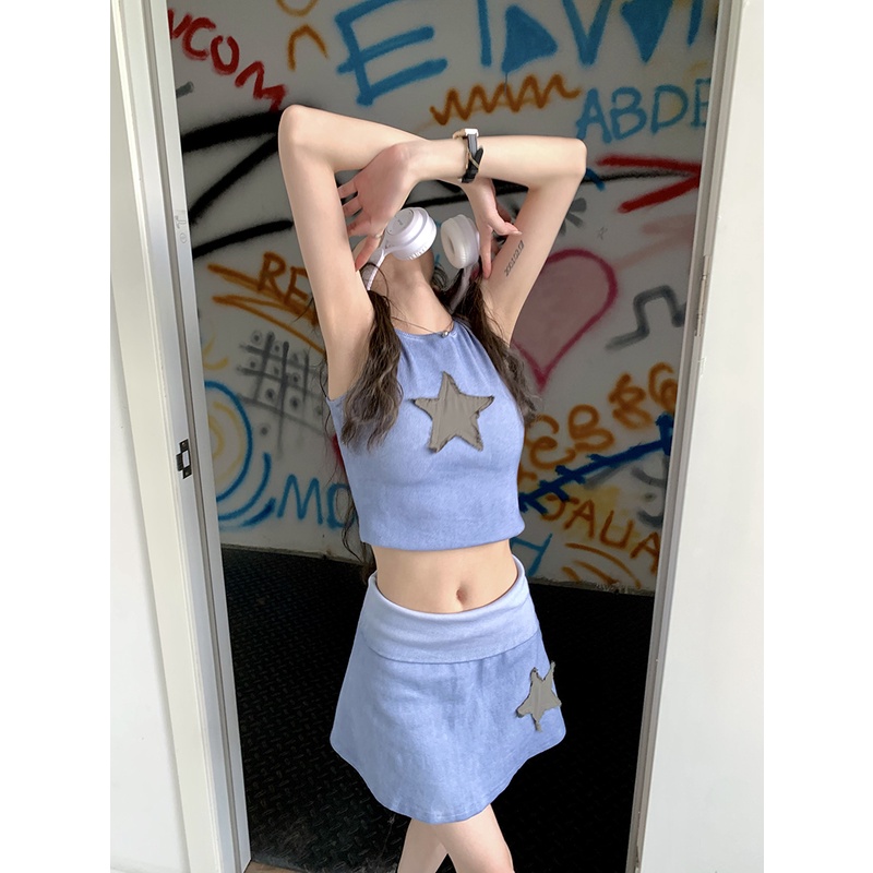 Red Kumikumi hot girl suit perempuan bintang berujung lima tanpa lengan rompi pendek musim panas pinggang tinggi setengah panjang rok pendek two-piece set