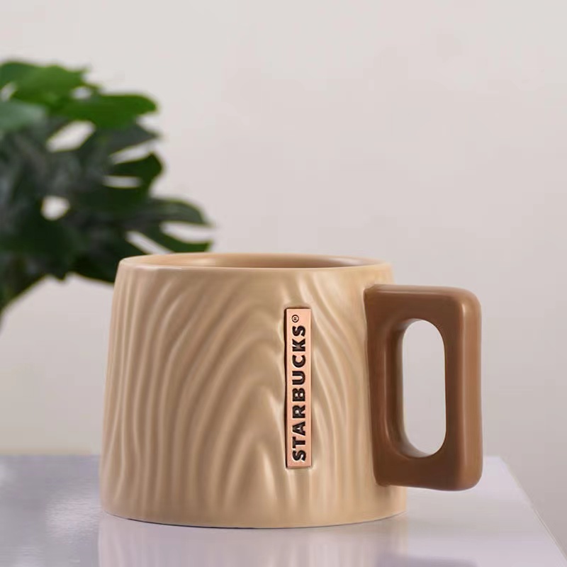 Cangkir Keramik Pereda Kayu Starbucks Cangkir Starbucks Kapasitas Besar Segel Tembaga mug Kopi Cangkir Air Kantor Vintage 410ml